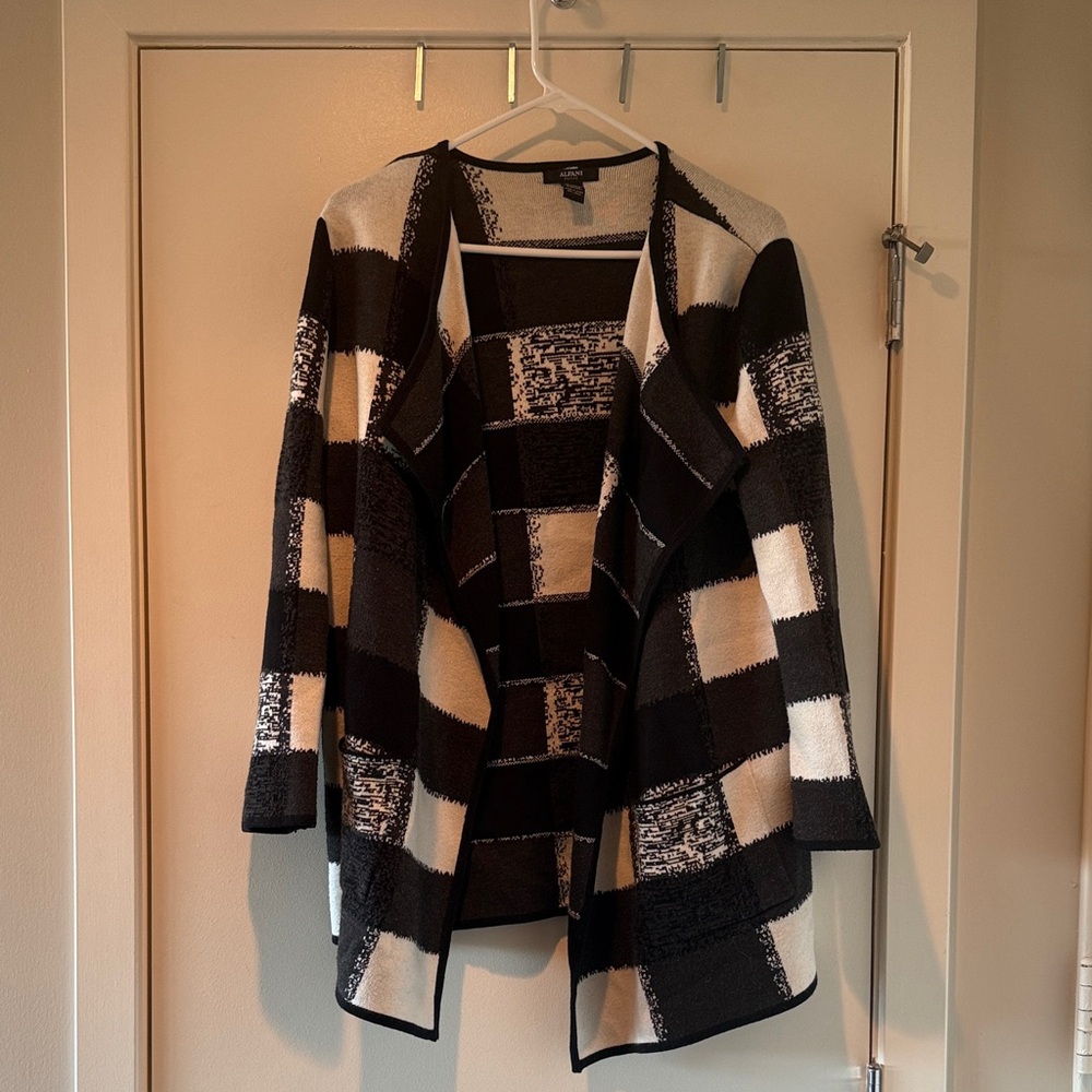 Alfani Monochrome Medium Petite black and white Checkered Cardigan
